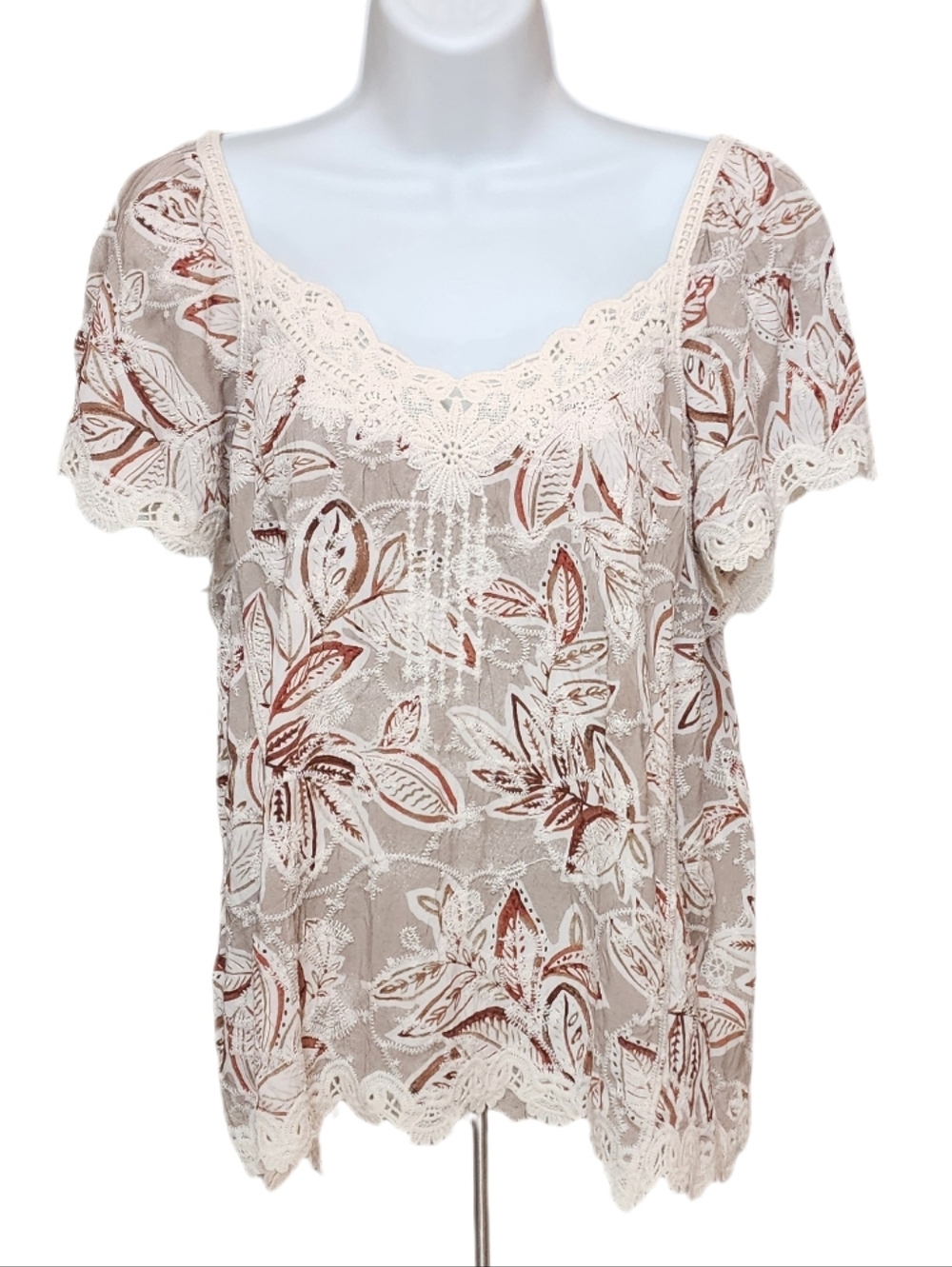 Democracy Lace Trim Crochet Floral Embroidered Top Flutter Sleeves Taupe/brown M